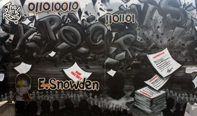 Detail: Edward Snowden - Hero or Traitor? Mural by Aim 1, Avelon 31, DoggieDoe, More, Motus and Nexr - The Dark Roses Since 1984 - GALORE Urban Art Festival, Toftegårds Plads, Valby, Copenhagen, Denmark August 2013
